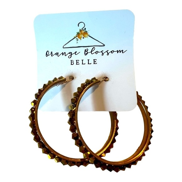 Boutique Bronze Gold 2” Large Rhinestone Hoops Earrings NEW - Picture 1 of 8